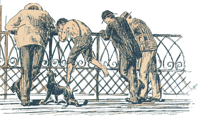 Scanned 
drawing of 3 men and a boy, seen from behind, staring down over a 
wrought-iron railing at something. Accompanied by a dog.