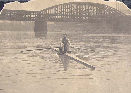 Scanned photo of rower in scull on the Allegheny River.