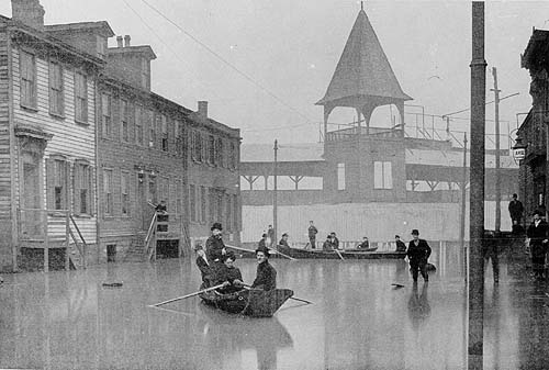 Scanned photo of flood near Exposition Park.