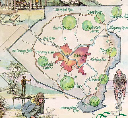 Scanned map of 
Allegheny County showing location of parks.
