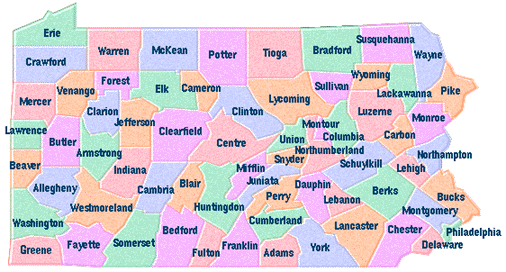 Map of Pennsylvania indicating the 
counties.