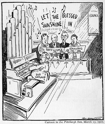 Scanned 
cartoon of Bob Garland leading a City Council choir pro 
Daylight Saving.