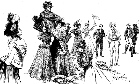 Drawing_of_male_football_hero_being_chaired_by_female_admirers.
