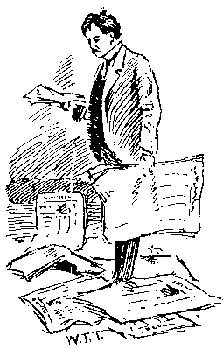Scanned drawing of a gentleman going through newspapers.