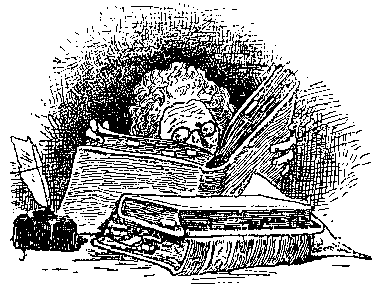 Drawing of a peculiar character immersed in books.