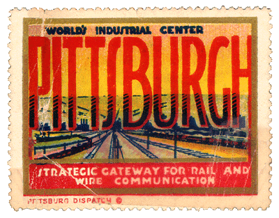 Scanned stamp of a rail yard beneath the word
Pittsburgh.