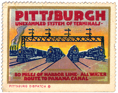 Scanned stamp of locomotives in a rail yard.