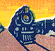 Thumbnail: Scanned stamp of locomotives in a rail yard (detail).