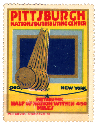 Scanned stamp of a golden pendulum swinging between New York and 
Chicago.