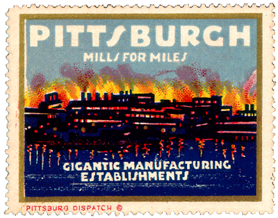 Scanned stamp of mills along a river going full steam.