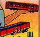 Thumbnail: Scanned stamp of a towering human figure holding 
railroad cars (detail).