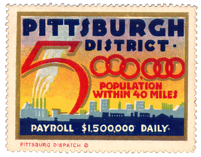 Scanned stamp of skyline with large 5,000,000 above.