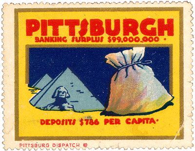 Scanned stamp of the Sphinx, pyramids and money bag.