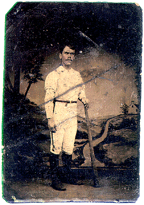 Tintype of a man in a
baseball costume with a prodigious bat.