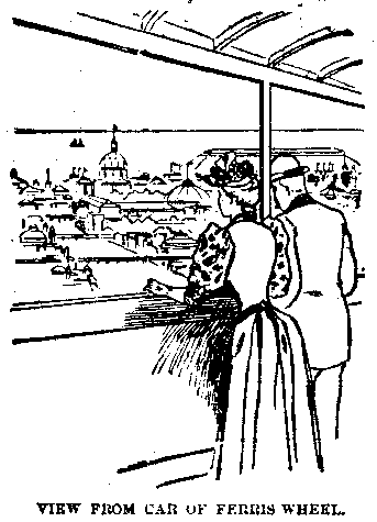 Drawing of couple contemplating view from car of the Ferris Wheel.