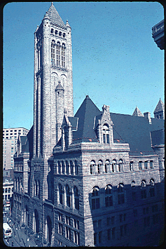 Scanned slide of Allegheny County Courthouse, corner view.