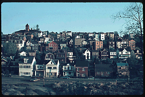 Scanned slide of hillside houses.