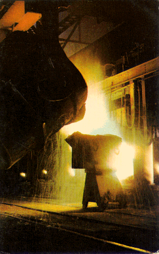 Scanned postcard of open-hearth furnace.