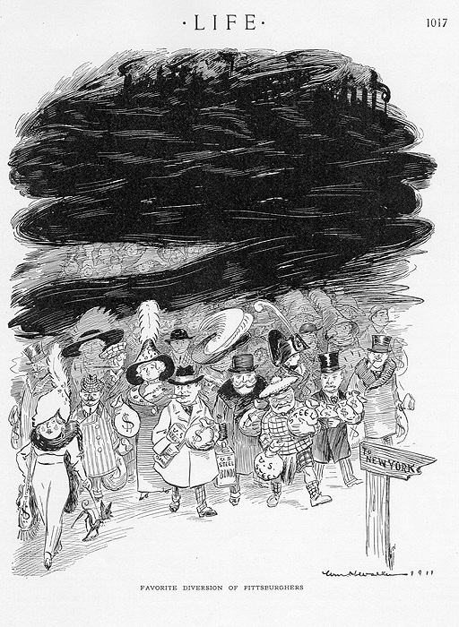 Scanned cartoon of Pittsburghers leaving smoky Pittsburgh.