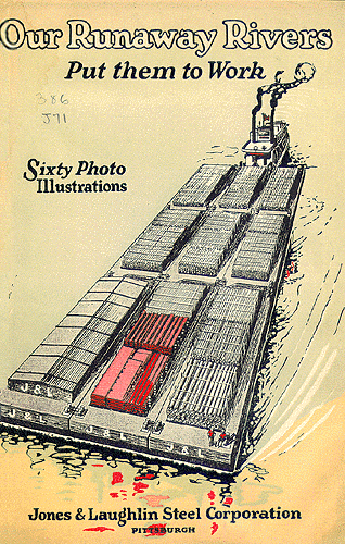 Scanned illustration of towboat and barges.