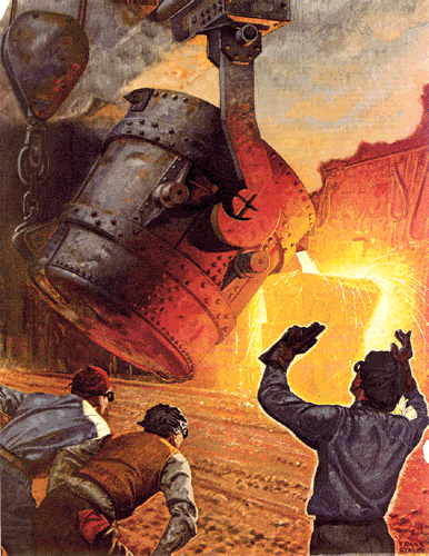 Scanned illustration of steel being poured.