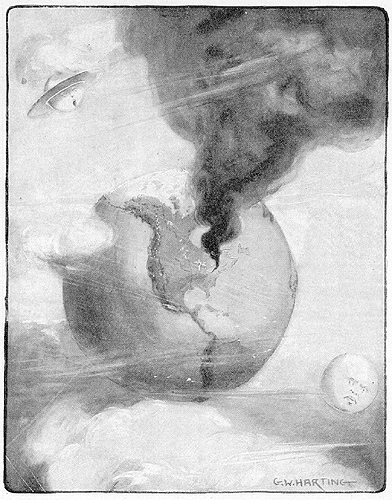 Scanned cartoon of smoke billowing from the site of Pittsburgh.